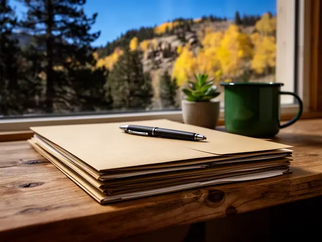 Stack of closed manila folders with a pen on a desk by a sunny window