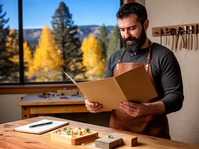 Jewelry maker reading an open kraft folder at his workbench beside a tray of rings